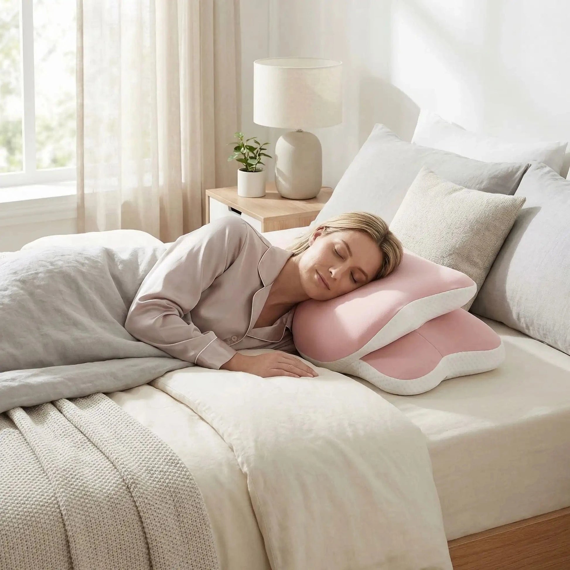 Femme tête sur oreiller ergonomique pour cervicales rose 