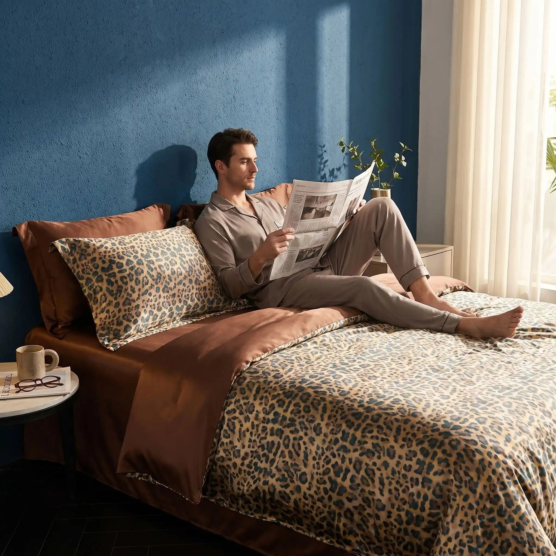 Homme avec journal sur parure de lit beige-noire Soie Naturelle