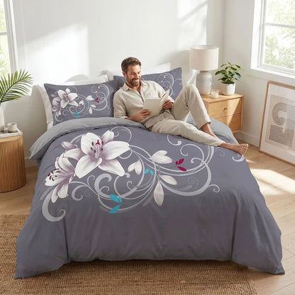 Homme avec journal sur parure de lit-grise florale de lotus zen