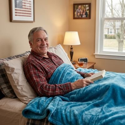 Homme avec livre souriant sous couverture bleue