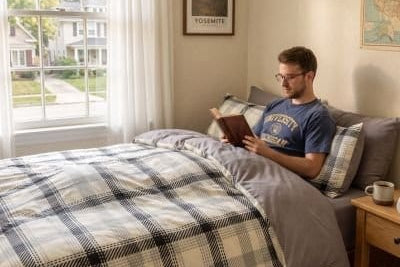 Homme avec livre sur housse de couette 220x240 draps rayés