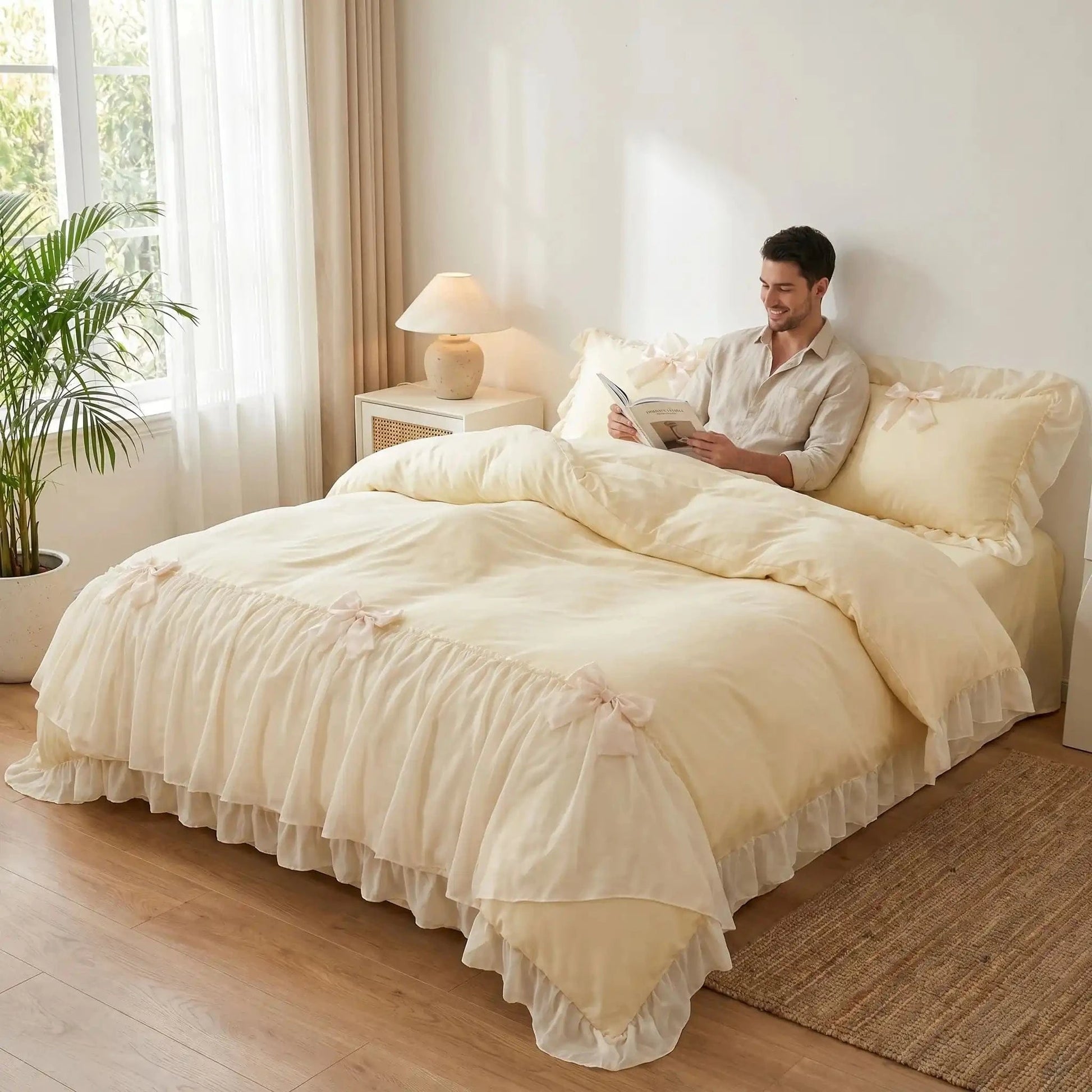 Homme avec livre sur parure de lit 220x240 jaune Fraicheur Apaisante