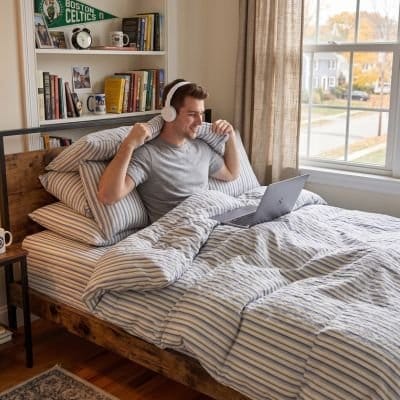 Homme avec ordinateur sur housse de couette 220x240 blanc Confort Raffiné