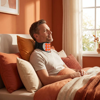 Homme avec oreiller cervical noir au cou Thermique Chauffant