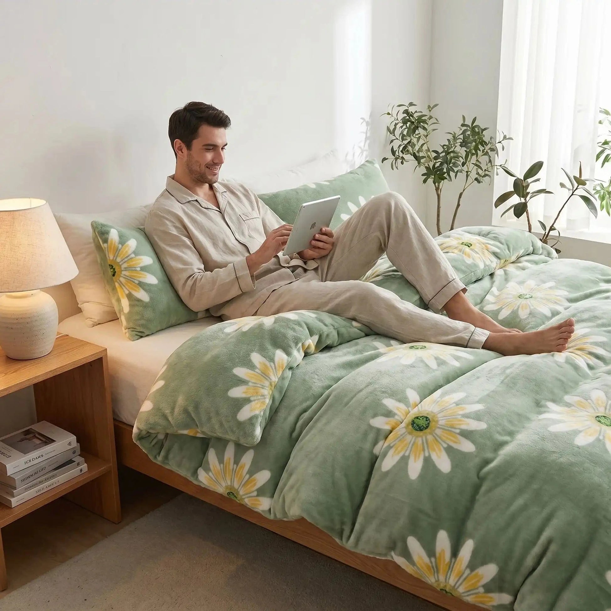 Homme avec tablette sous couverture verte premium cocooning