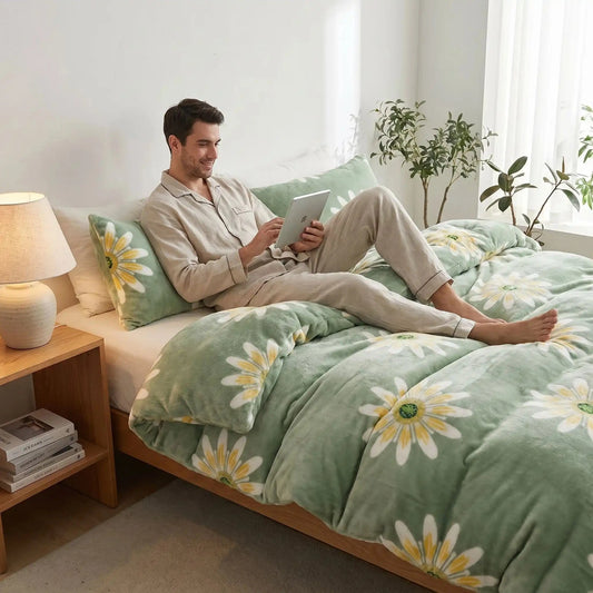 Homme avec tablette sous couverture verte premium cocooning