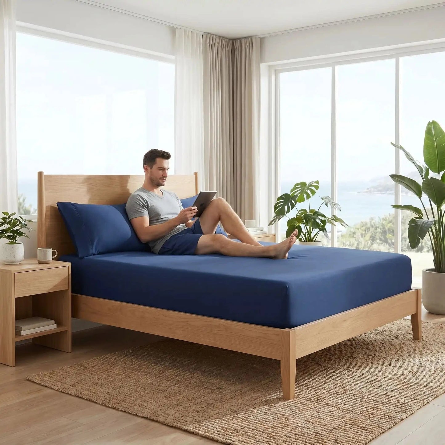 Homme  avec tablette sur drap housse bleue confort matinal
