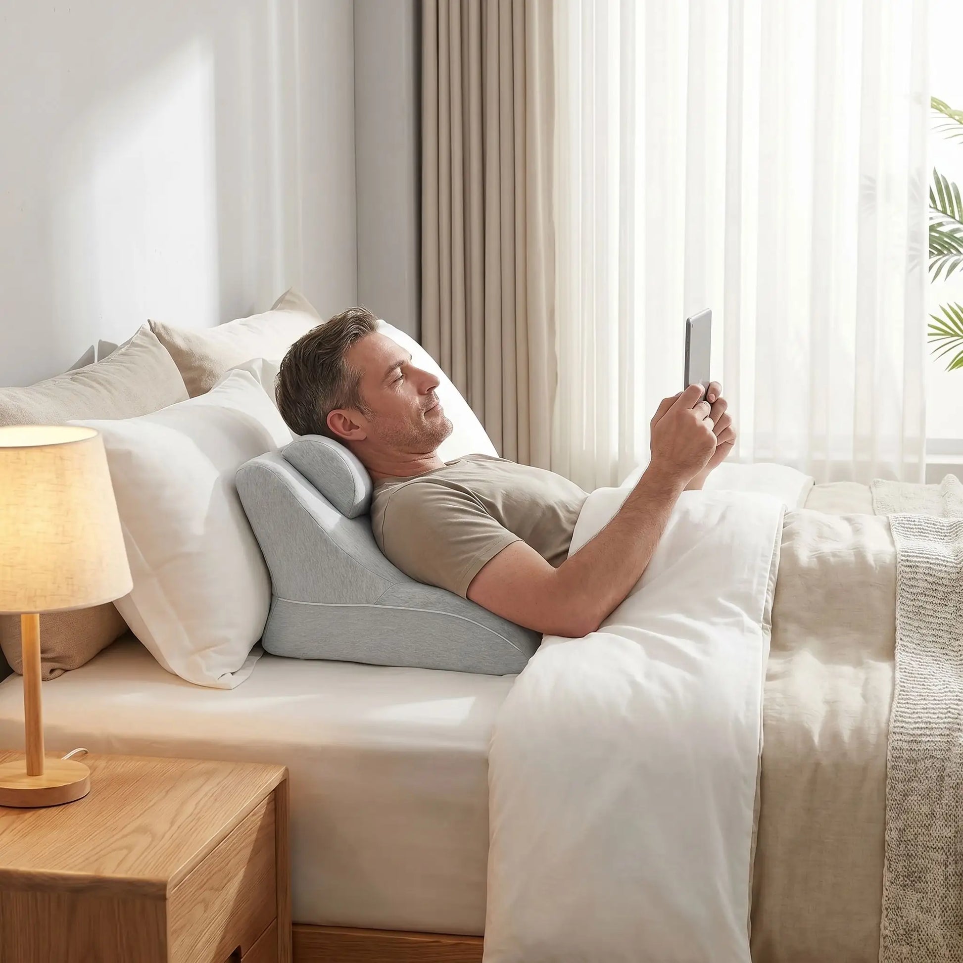 Homme avec tablette tête sur oreiller ergonomique gris