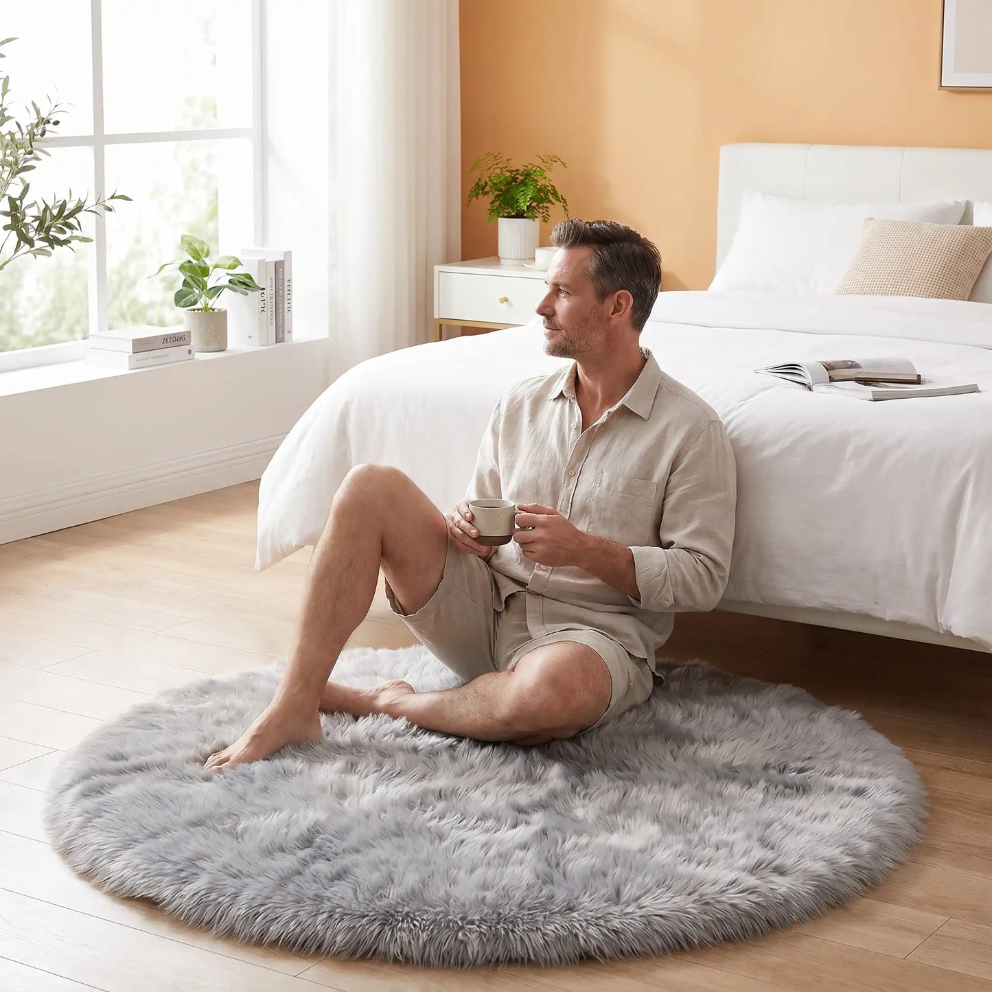 Homme avec tasse sur tapis descente de lit rond gris