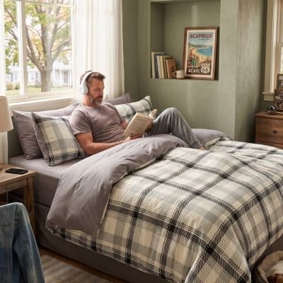 Homme  chambre avec roman sur housse de couette 220x240