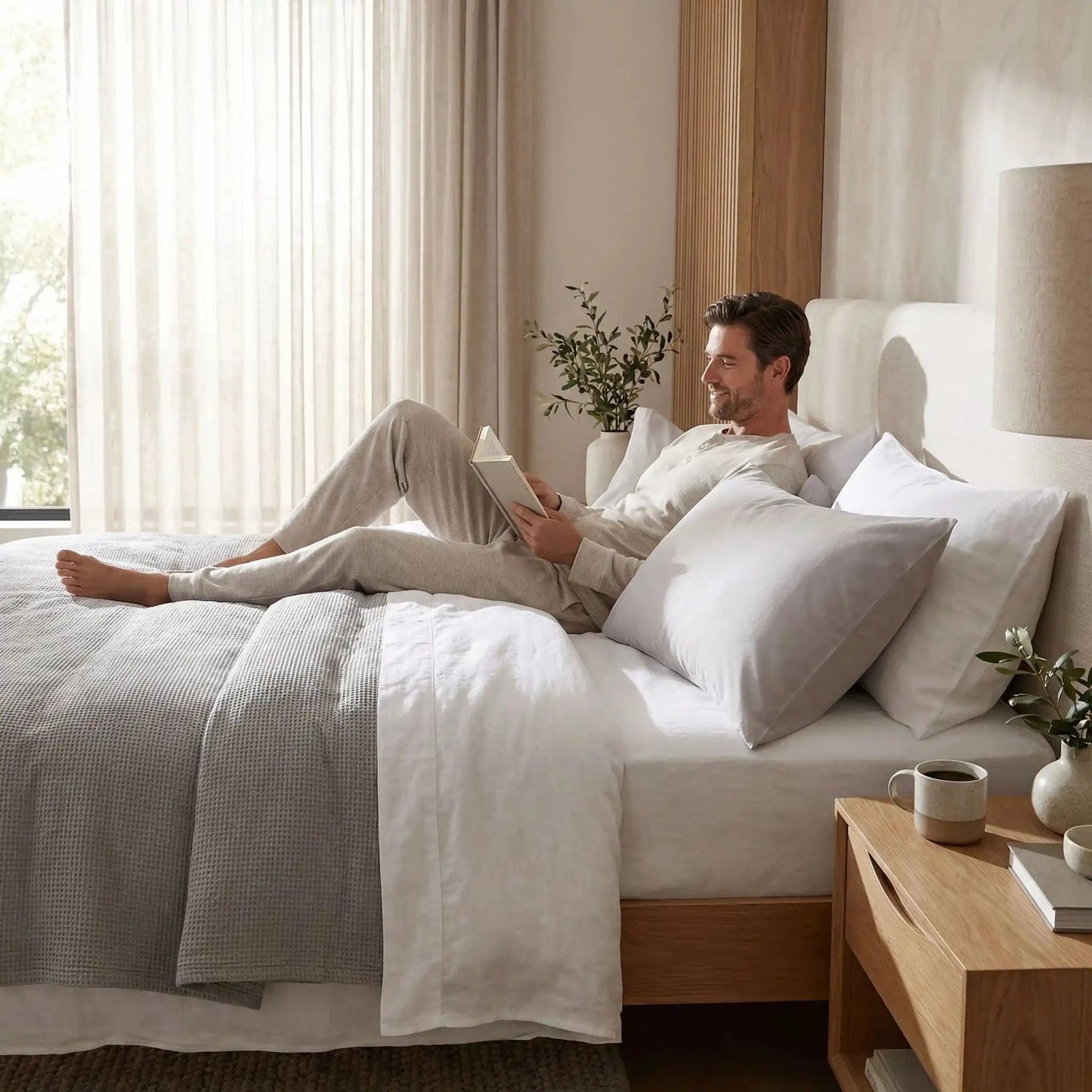 Homme couché avec taies d'oreiller grises coton pur