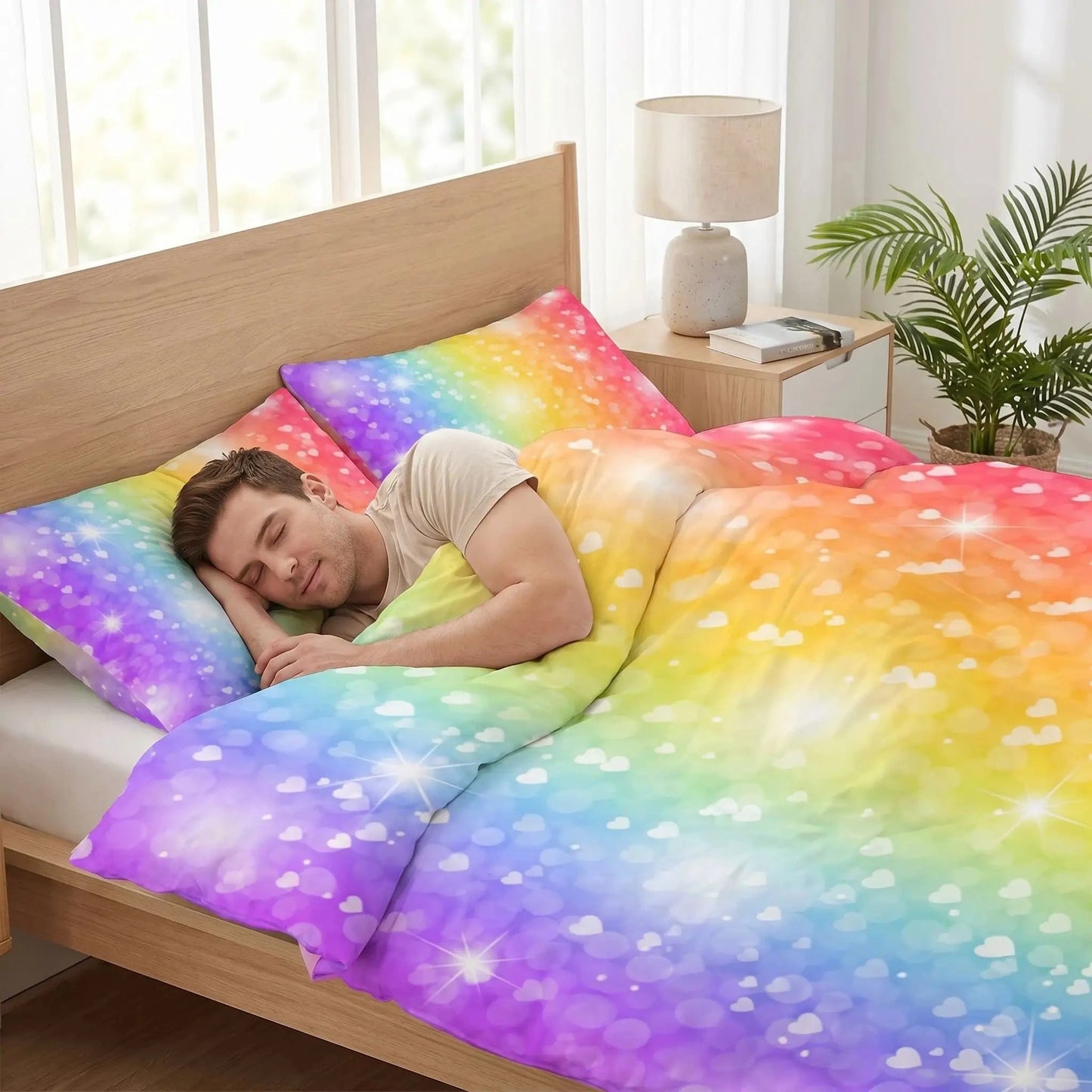 Homme couché dans parure de lit arc-en-ciel