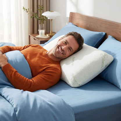Homme couché souriant tête oreiller cervical mémoire de forme 