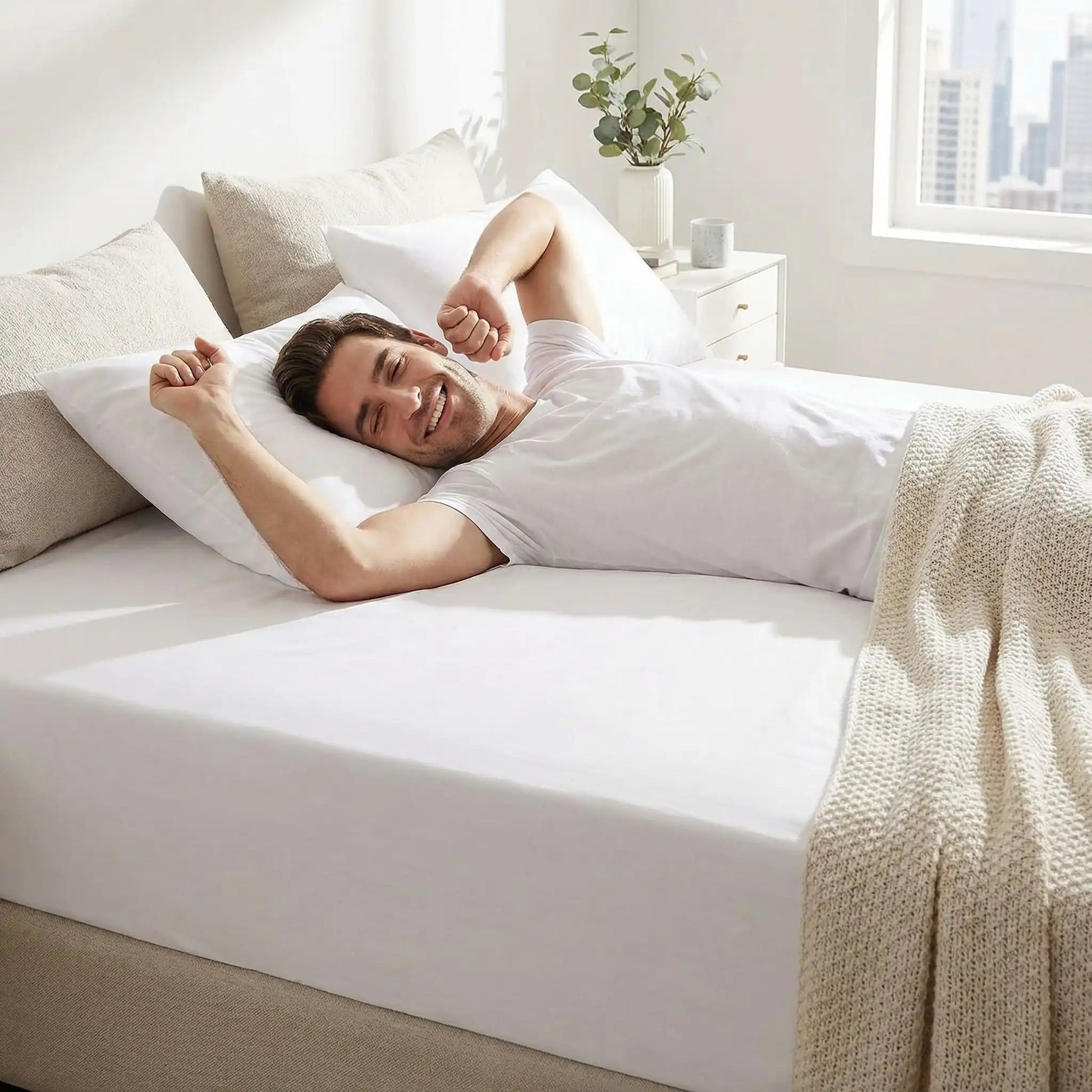 Homme couché sur drap housse 140x190 cm blanc antibactérien 