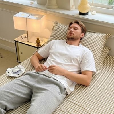 homme couché sur taies d oreiller colorées rayées jaunes