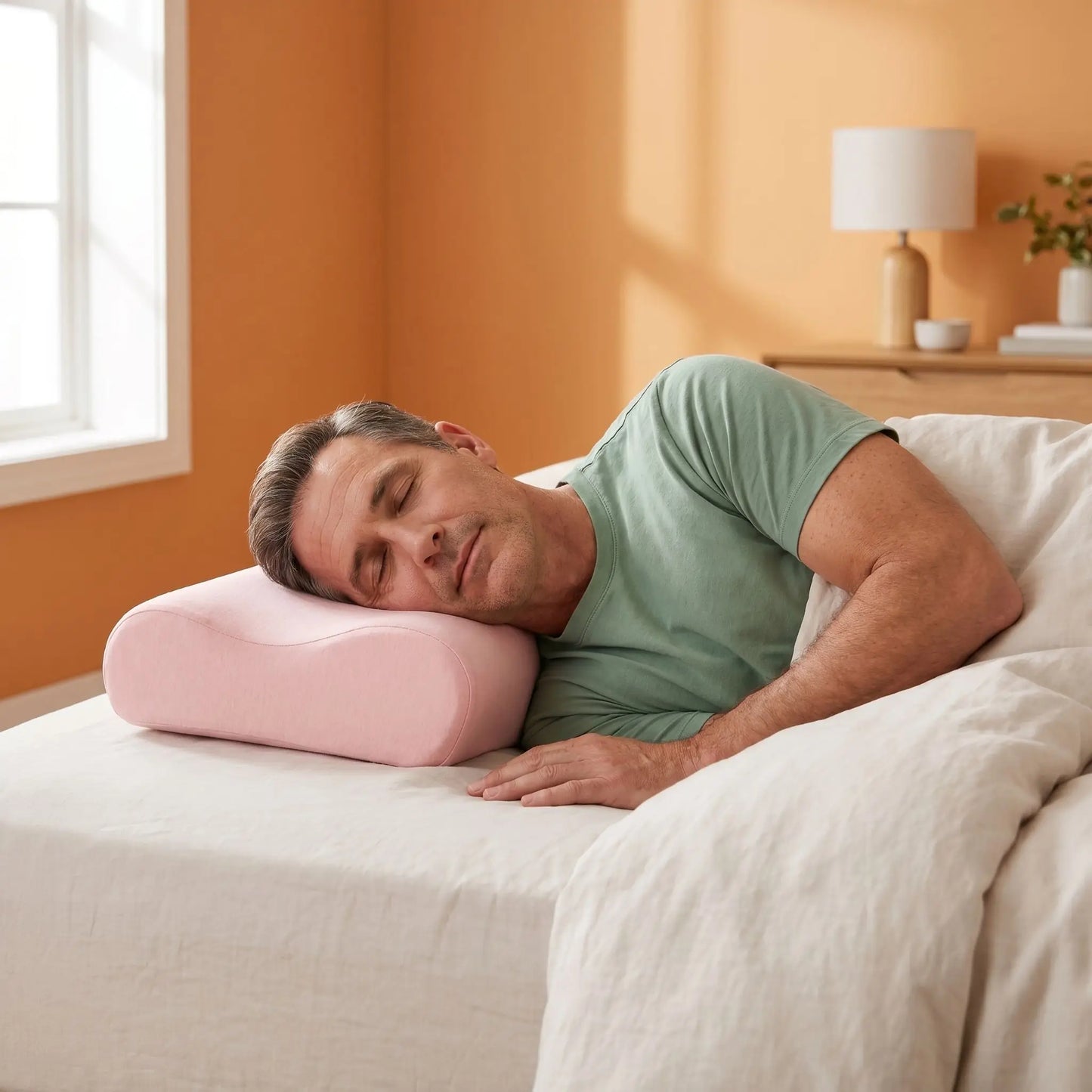 Homme couché tête sur oreiller cervical ergonomique rose 