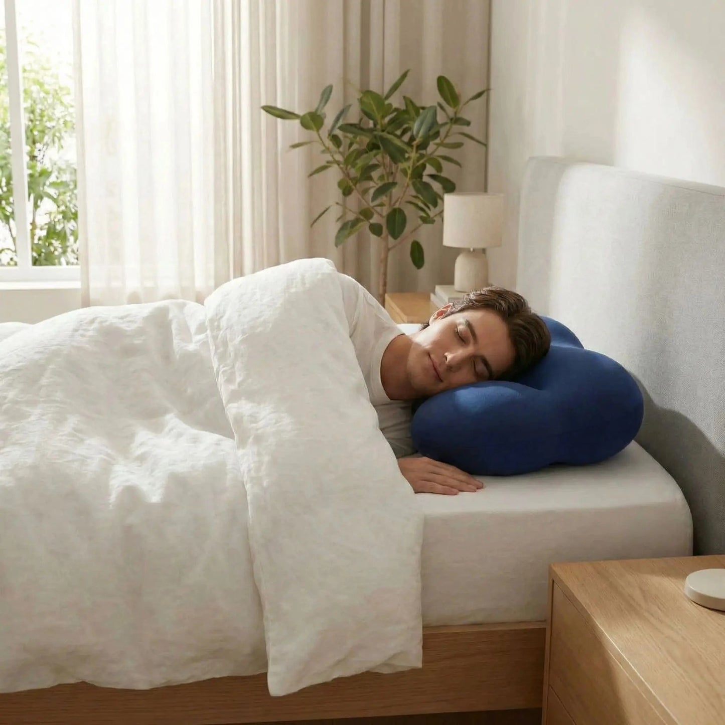 Homme couché tête sur oreiller ergonomique bleu