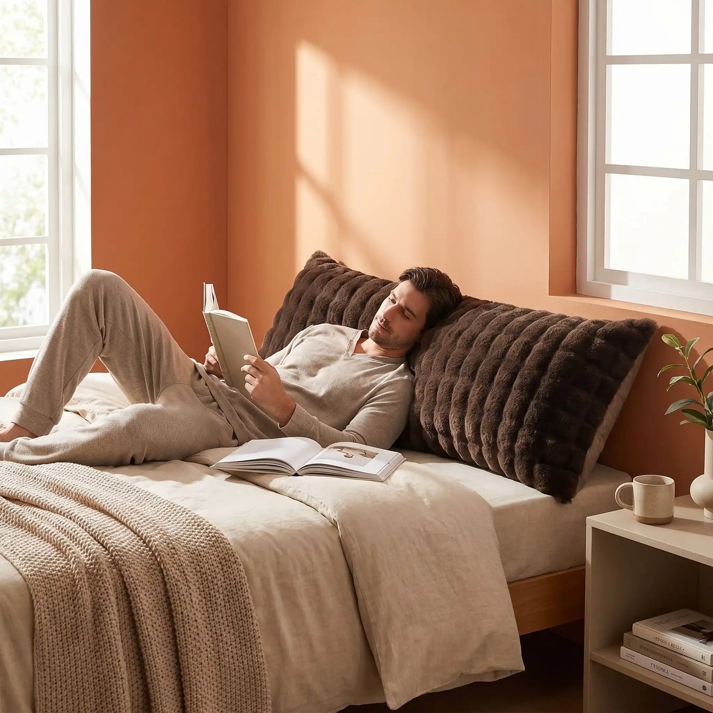 Homme couché tête sur taie d'oreiller noire  coton premium 
