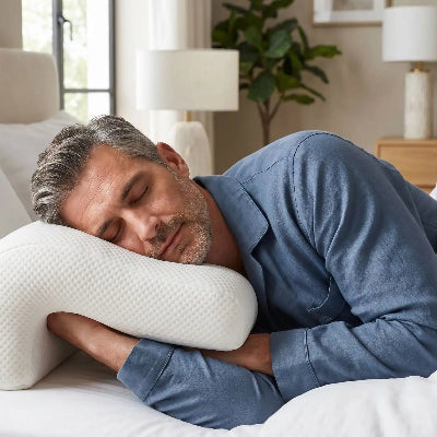 Homme endormi bras droit sous oreiller à mémoire de forme