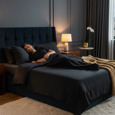 Homme endormi enroulé sous sa couverture noire 
