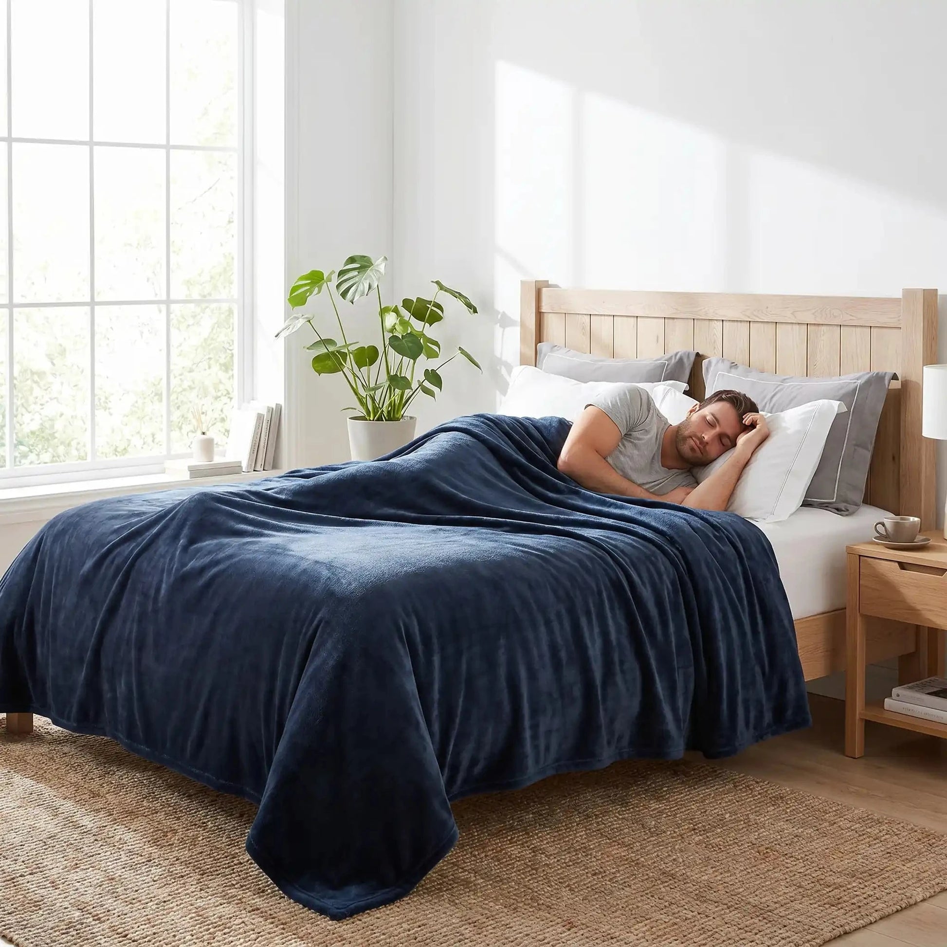 Homme endormi sous couverture bleu marine ultra douce
