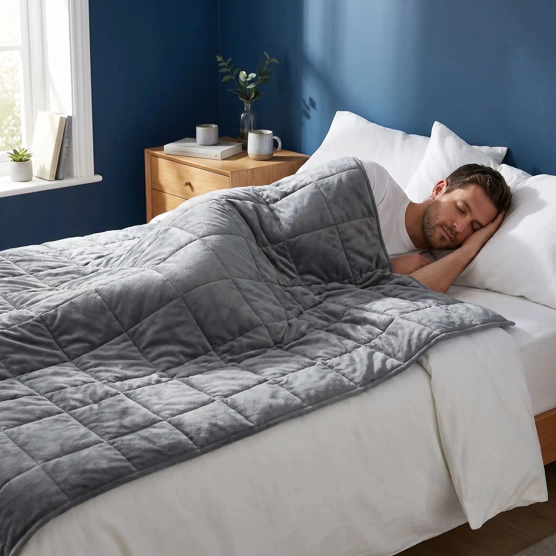 Homme endormi sous sa  couverture lestee grise Sommeil Zen 