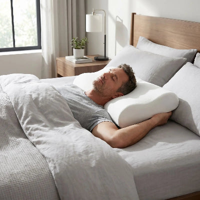 Homme endormi sur dos sur oreiller à mémoire de forme