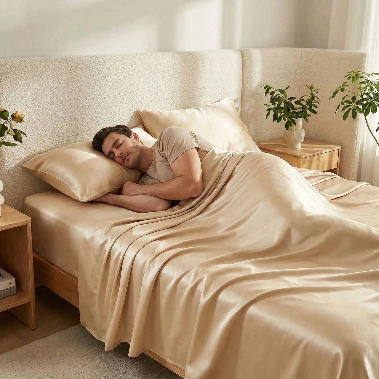 Homme endormi sur drap housse beige confort optimal