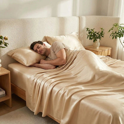 Homme endormi sur drap housse beige confort optimal