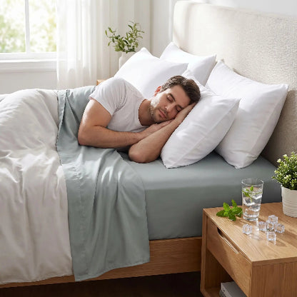 Homme endormi sur drap rafraîchissant CoolNight bleu foncé