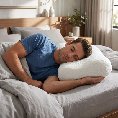 Homme endormi sur gauche avec oreiller à mémoire de forme