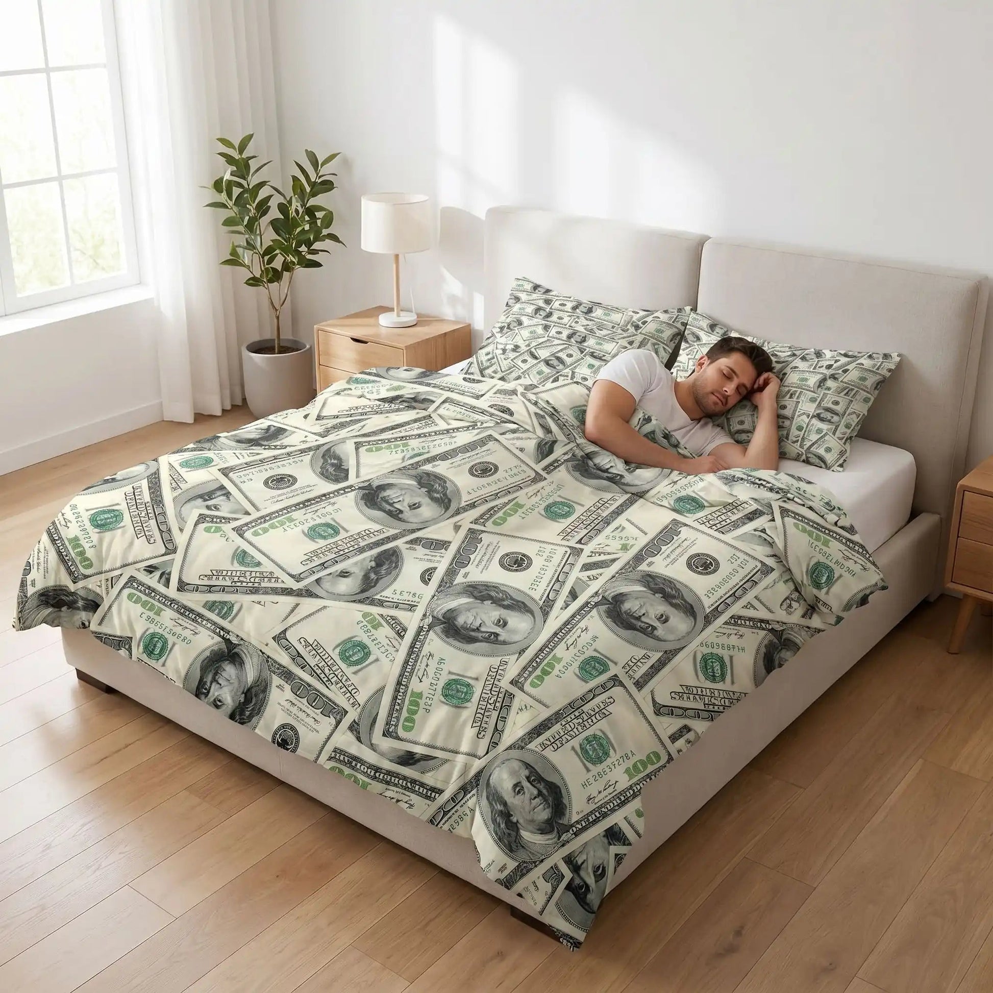 Homme endormi sur sa parure de lit polyester argenté