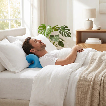 Homme endormi rête sur oreiller cervical bleu Détente Posturale