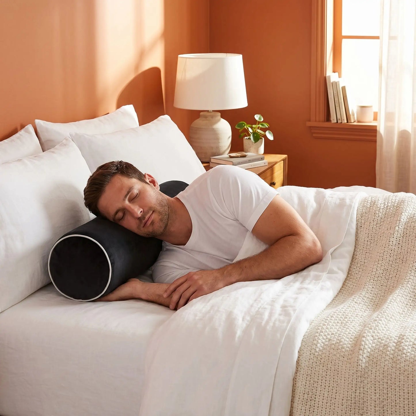 Homme endormi tête sur oreiller cervical noir Mémoire de Forme