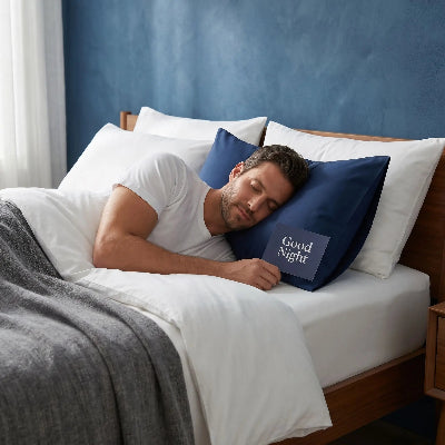 Homme endormi tête sur taie d'oreiller en soie bleue