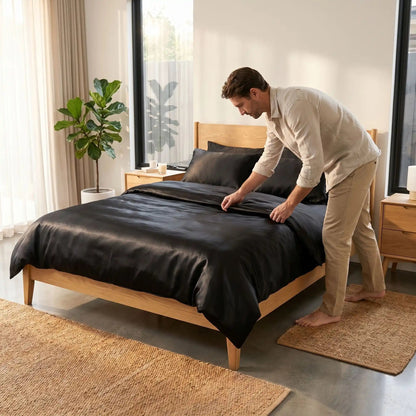 Homme fait son lit avec parure de lit 220x240 noire satin luxe