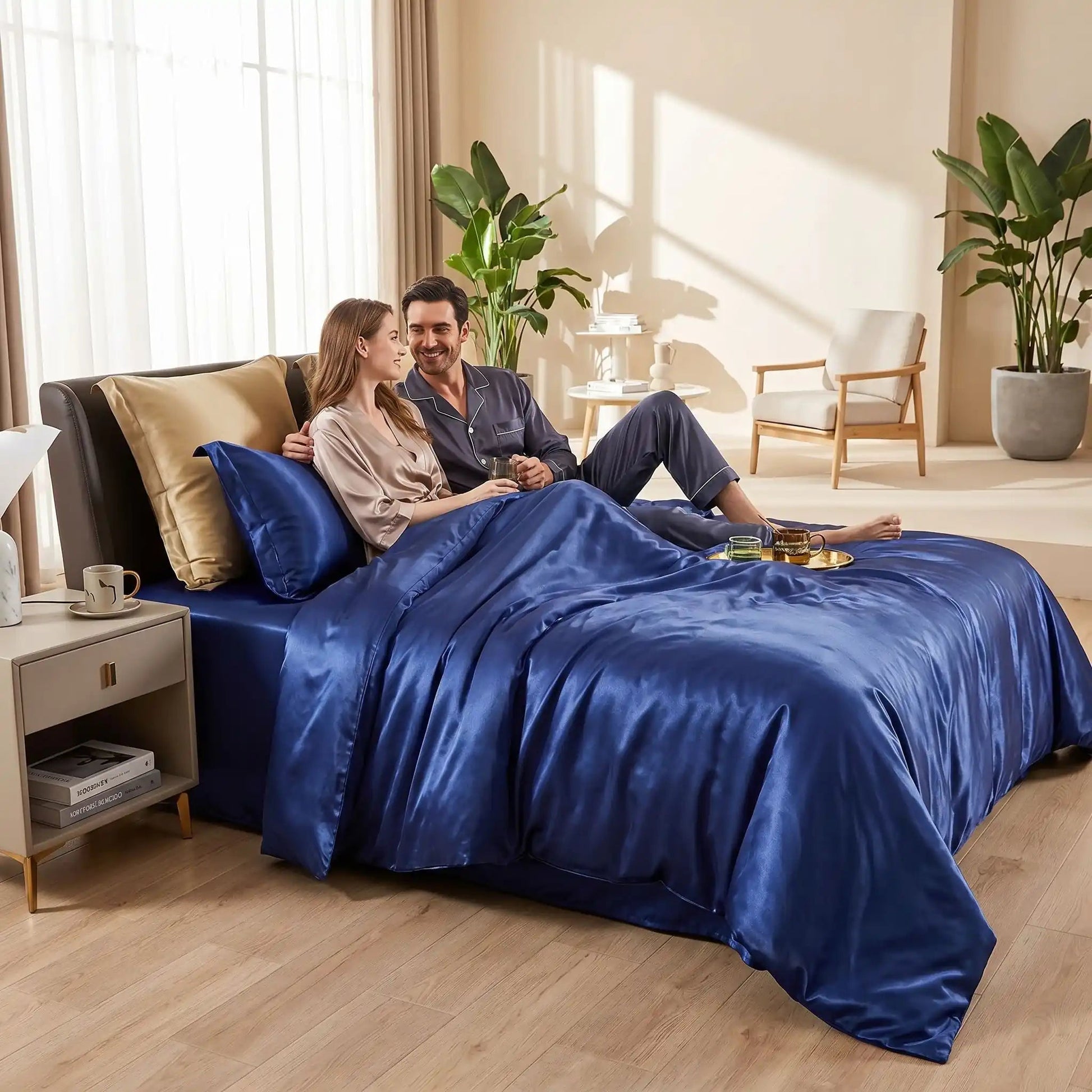 Homme femme sur parure de lit bleue  Cara Carle