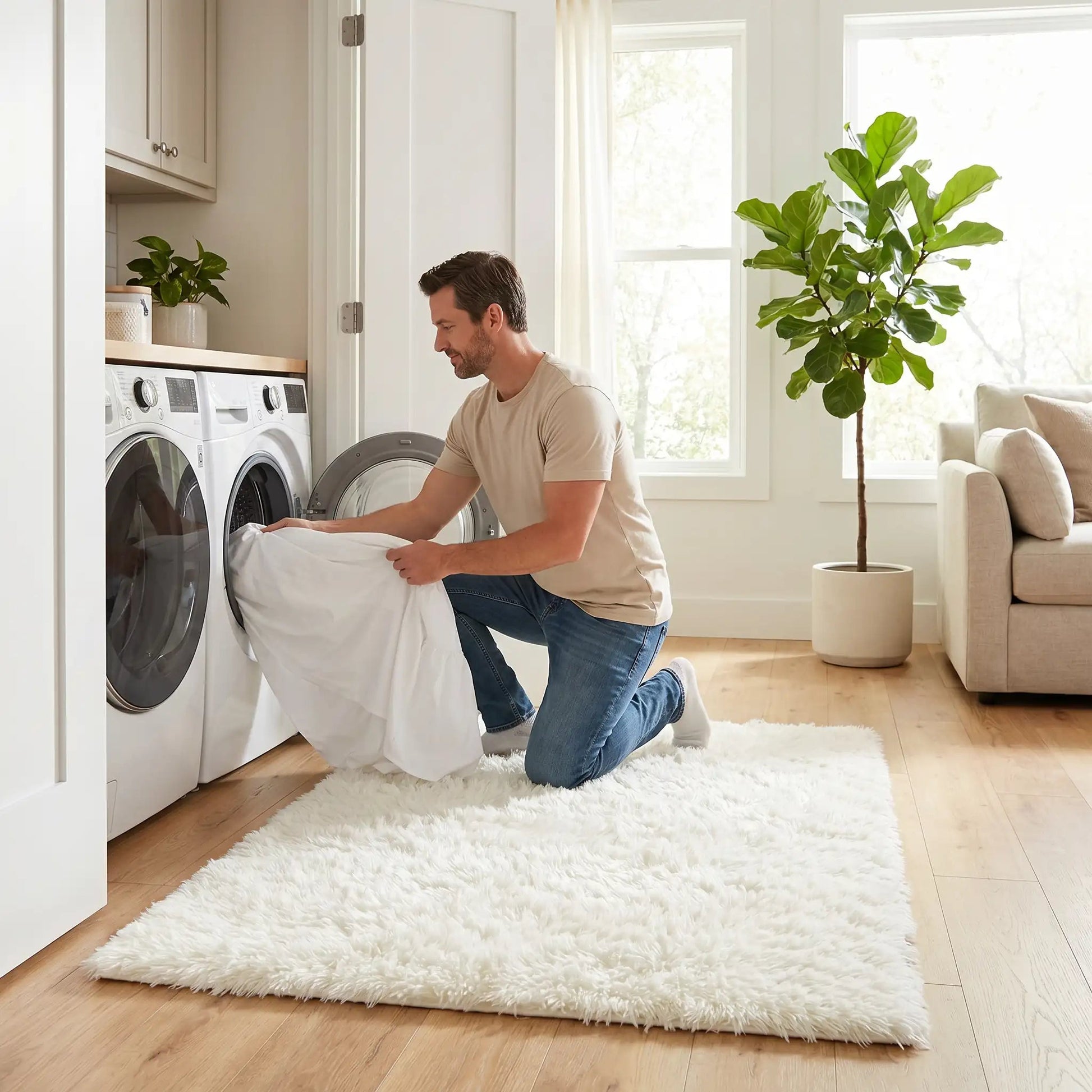 Homme lave dans machine descente de lit blanche Ultra-douce