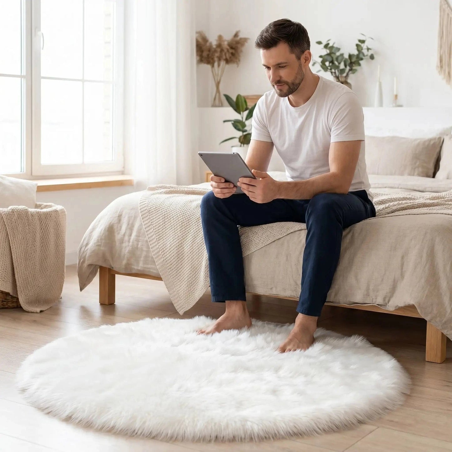 Homme pieds nus avec tablette sur tapis descente de lit blanc