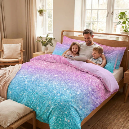 Homme ses enfants dans parure de lit arc-en-ciel