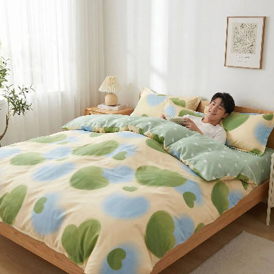 Homme souriant couché sous housse de couette coueurs bleus blancs verte