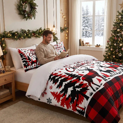 Homme souriant lit sous housse de couette bourgogne dans chambre
