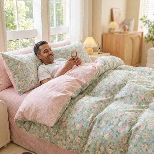 Homme souriant sous housse de couette douceur Cozywinter™ avec téléphone