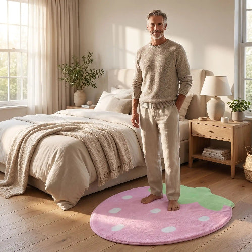 Homme souriant sur descente lit motif fraise dans chambre