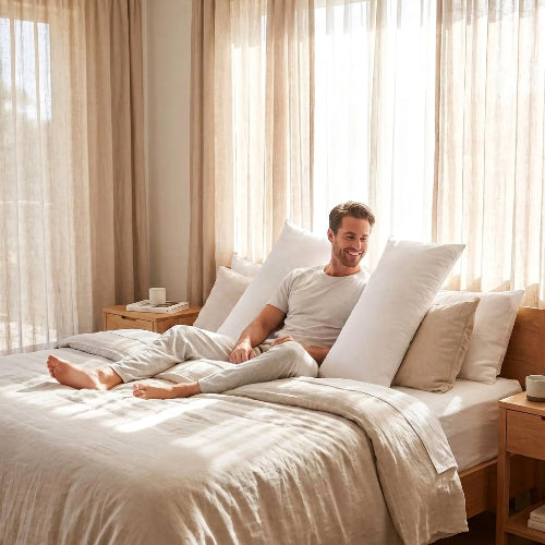 Homme souriant sur lit avec traversin 160