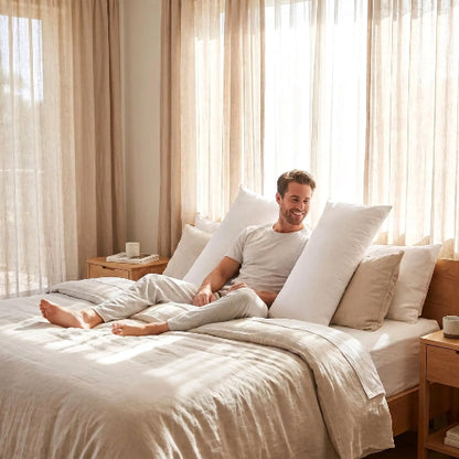 Homme souriant sur lit avec traversin 160