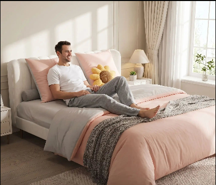 Homme souriant sur parure de lit 160x200 rose-gris Anti-Froissage
