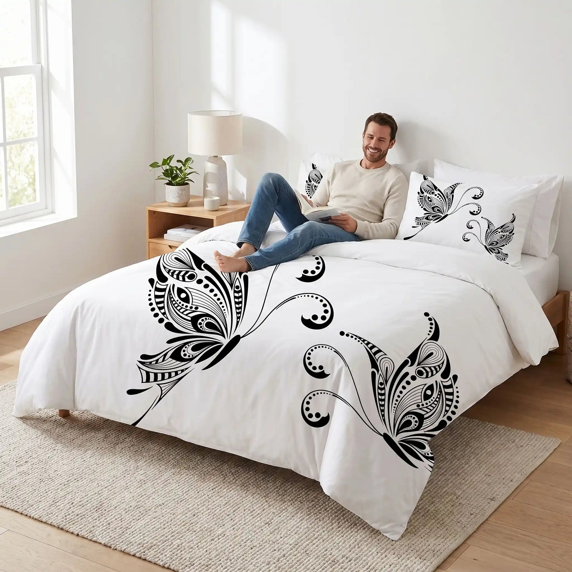 Homme souriant sur parure de lit papillons noirs lotus zen
