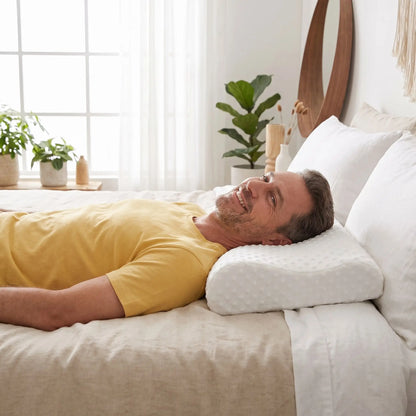 Homme souriant tête sur oreiller cervical  Bambou Mémoire Forme