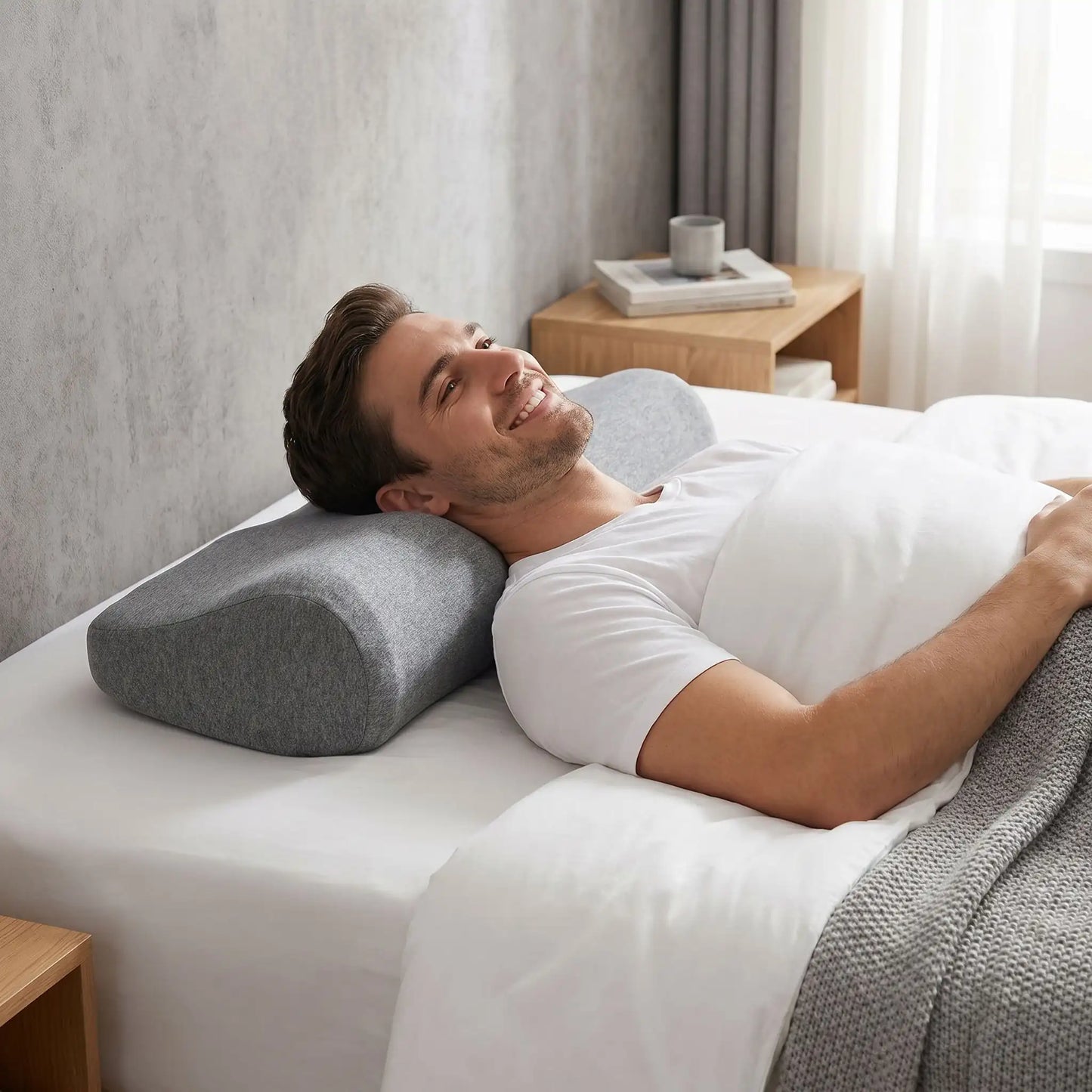 Homme souriant tête sur oreiller cervical ergonomique gris